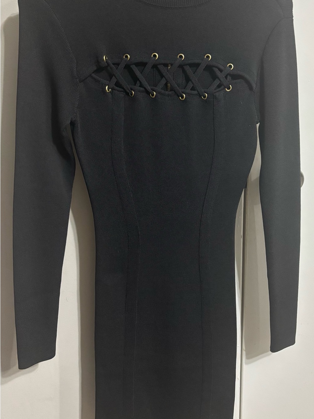 Guess Black Lace-Up Long Sleeve Bodycon Dress, Size Medium